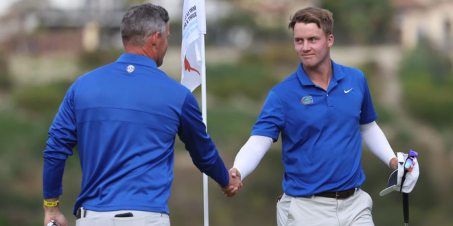 In his final golf round as a Gator, fifth-year senior John DuBois (right) led the way for UF on Monday, shooting a 1-under 71.